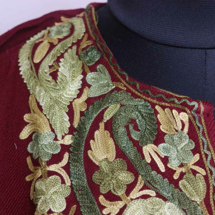 Maroon Sabz Badami Wasiya Kashmiri Winter Kurta With Ari Embroidery