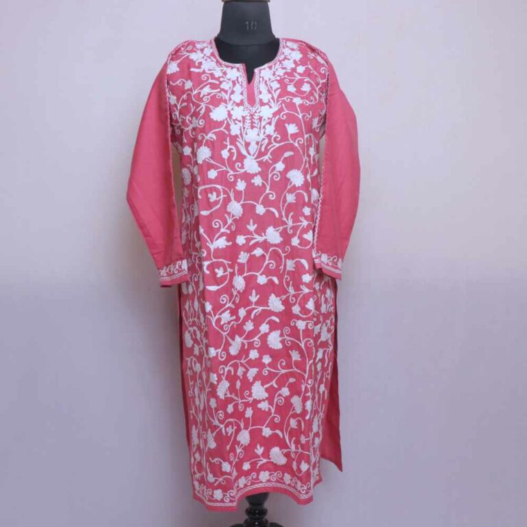 Pink White Cotton Kashmiri Kurti With All Over Ari Embroidery Gyawun