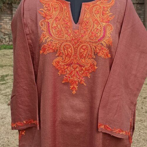 Brown Pure Raffal Pheran with Ari Hand Embroidery