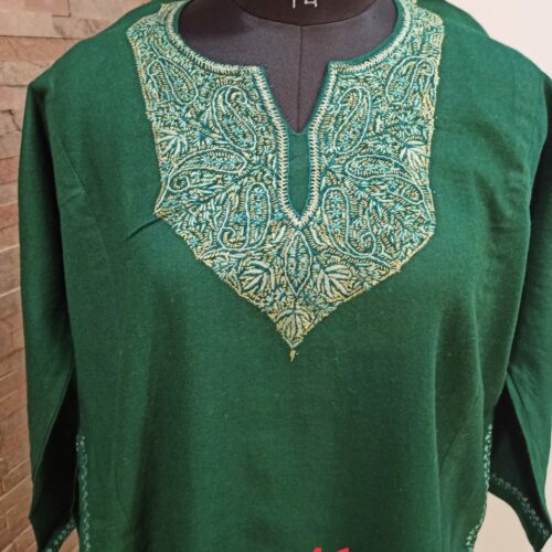 Green Pure Raffal Pheran in Sozni Hand Embroidery