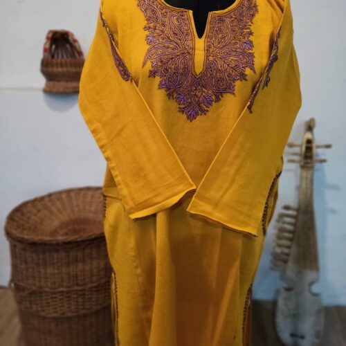 Mustard Pure Raffal Pheran in Sozni Hand Embroidery