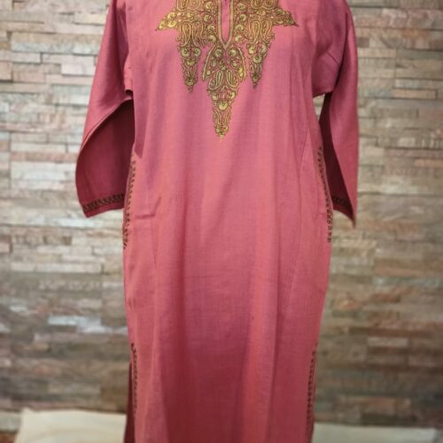 Pink Pure Raffal Pheran in Sozni Hand Embroidery