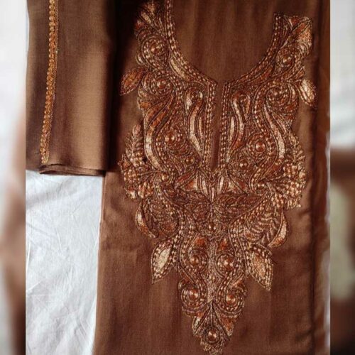 Brown Poly Wool Solid Color Suit With Tila Work and Stole