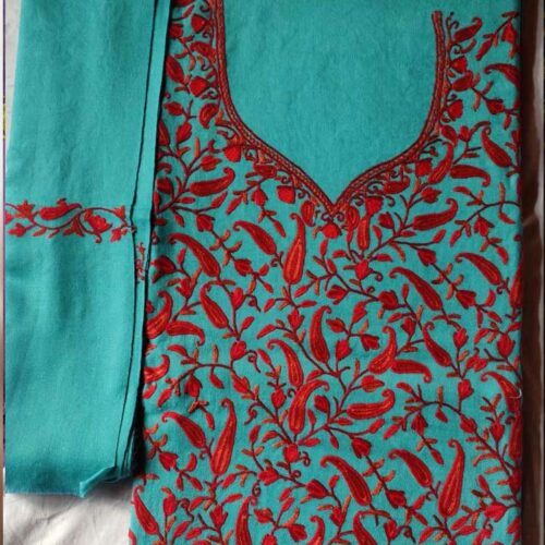 Ice Blue Poly Wool Suit With Ari Hand Work With Allover Design and Stole