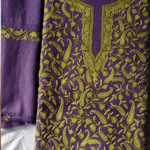 Purple Poly Wool Suit With Ari Hand Work With Allover Design and Stole