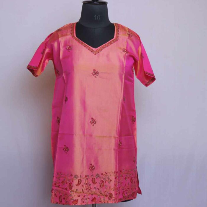 Pink Hand Embroidered Pure Kashmiri Short Silk Kurti