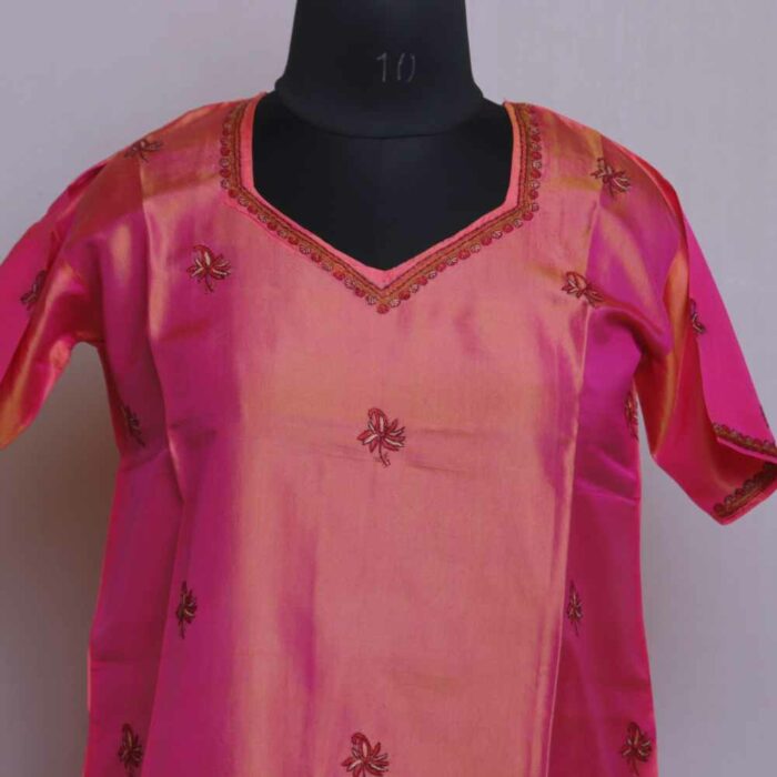 Pink Hand Embroidered Pure Kashmiri Short Silk Kurti - Image 3