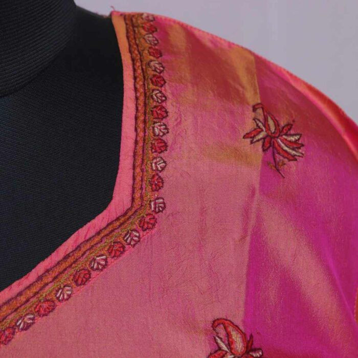 Pink Hand Embroidered Pure Kashmiri Short Silk Kurti - Image 4