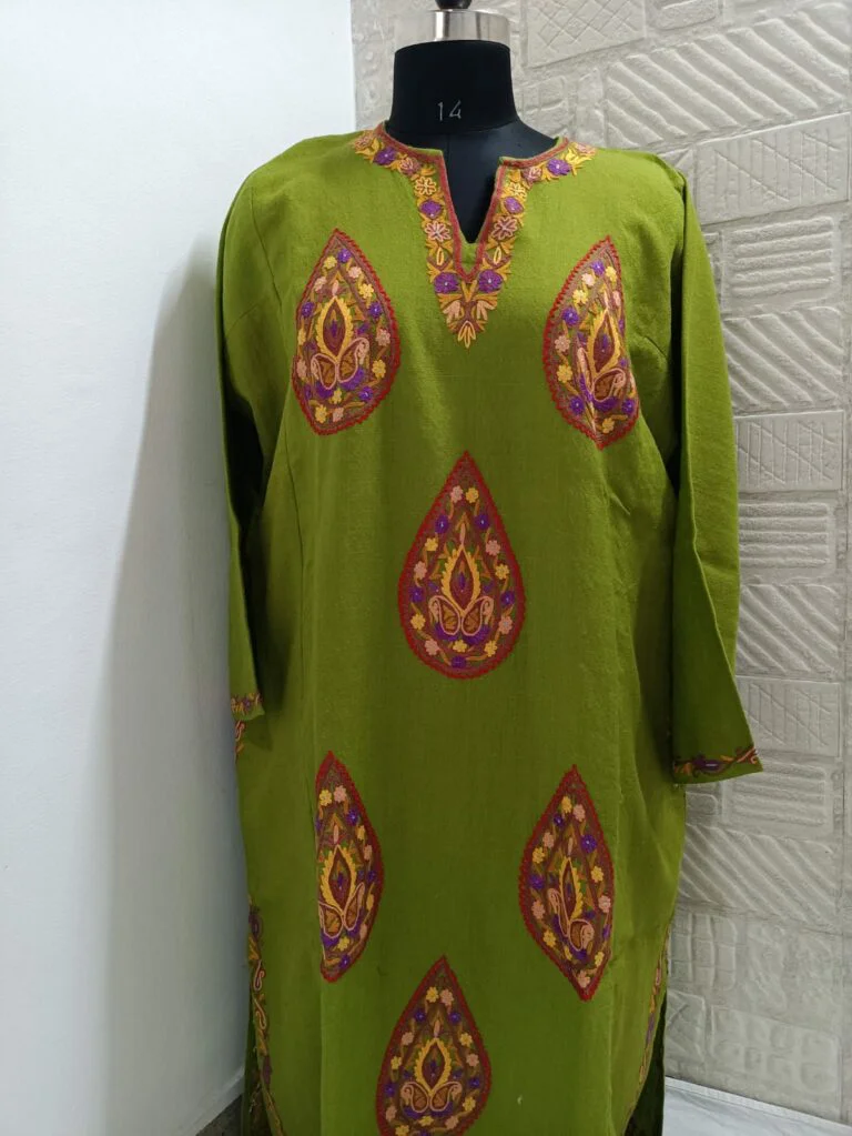 Natural Green Pure Raffal Pheran With Hand Aari Embroidery