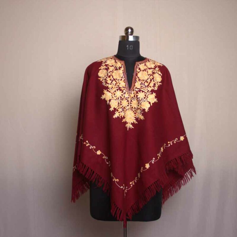 Maroon Kashmiri Poncho With Aari Embroidery - Gyawun