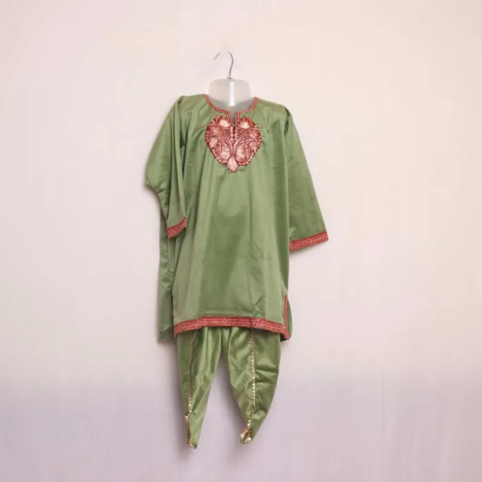 Green Velvet Kids Traditional Kashmiri  Pheran Set (5-6 Y)