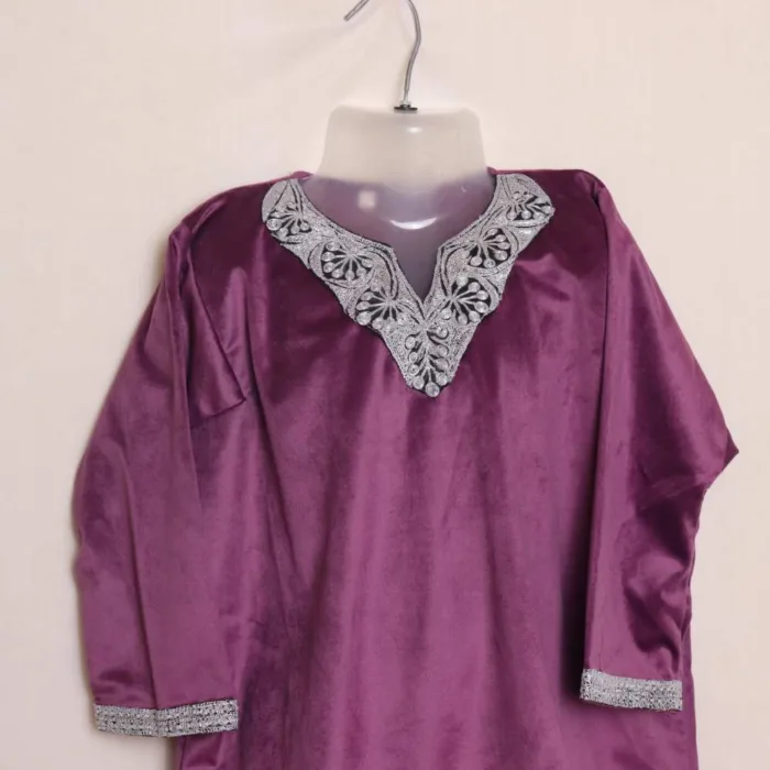 Purple S Velvet Kids Girls Traditional Kashmiri Pheran Set (5-6 Y) - Image 2