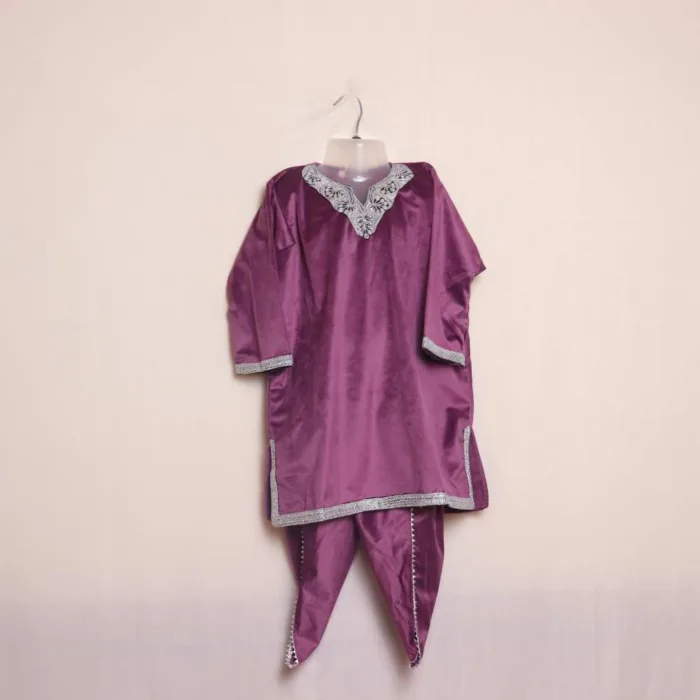 Purple S Velvet Kids Girls Traditional Kashmiri Pheran Set (5-6 Y)