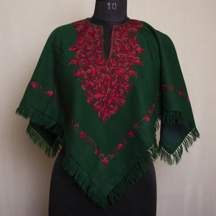 Dark Green Kashmiri Poncho With Aari Embroidery