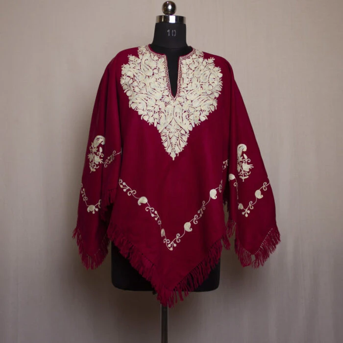 Dark Pink Kashmiri Poncho With Aari Embroidery