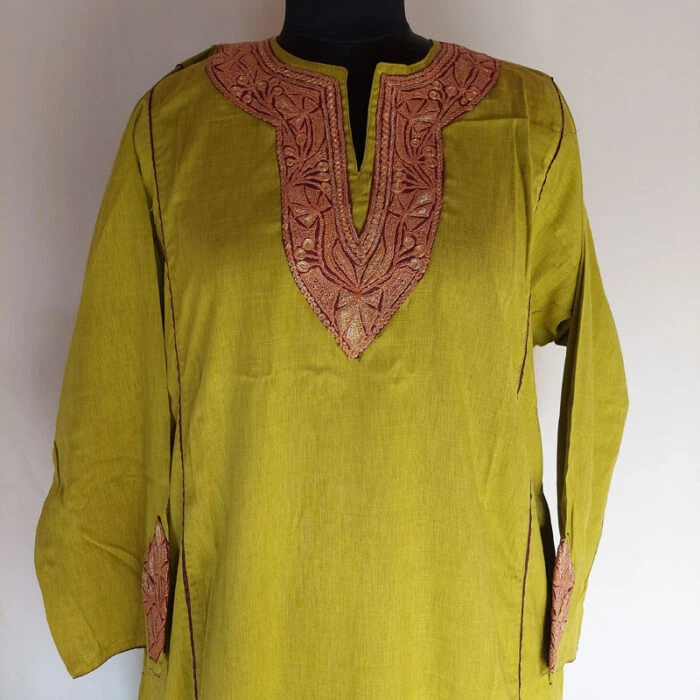 Green Cotton Summer Pheran with Tilla Work