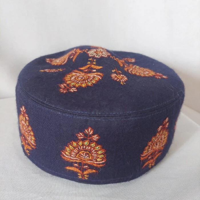 Dark Blue Pure Pashmina Hand Sozni Cap