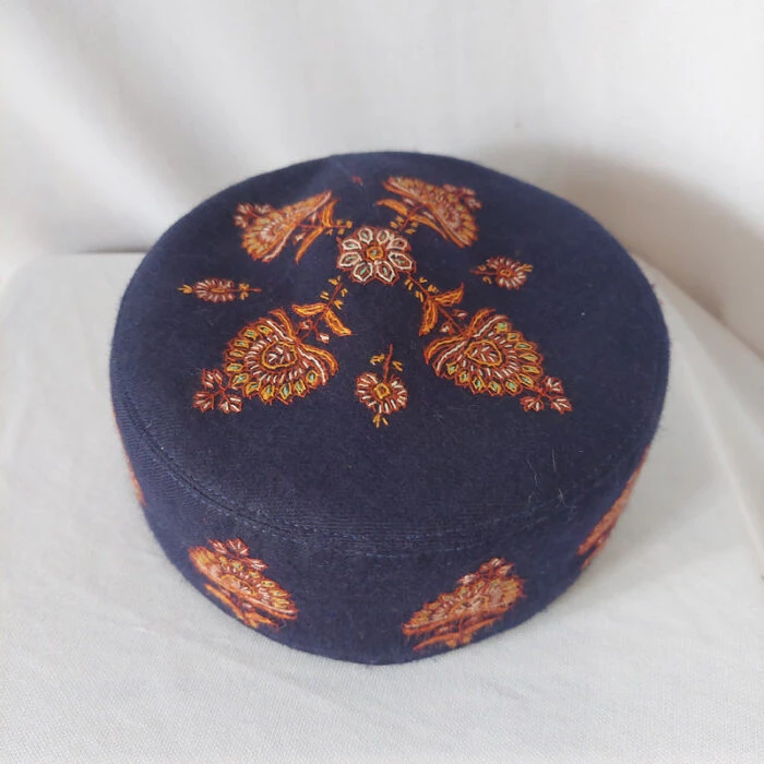 Dark Blue Pure Pashmina Hand Sozni Cap - Image 2