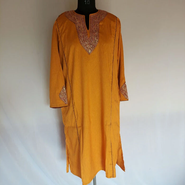 Mustard Cotton Summer Pheran with Tilla Work - Image 3