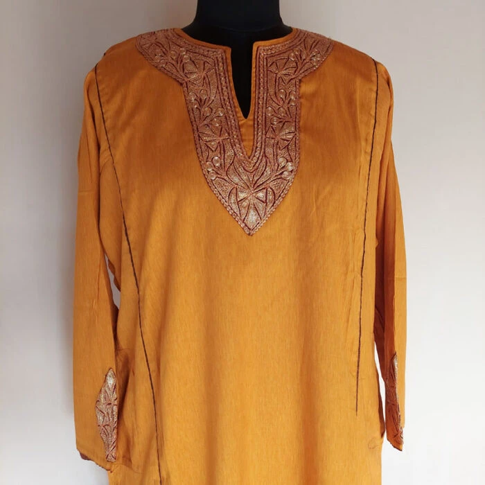 Mustard Cotton Summer Pheran with Tilla Work