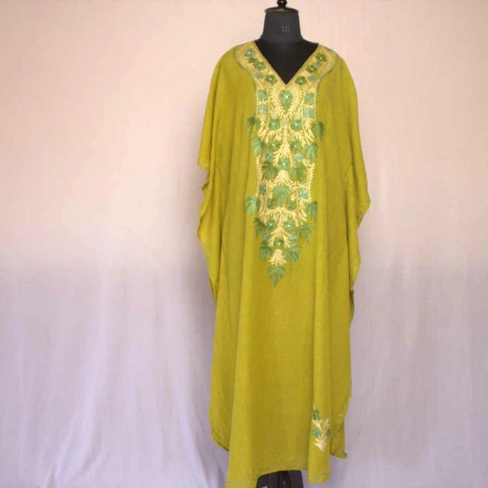 Green Mehndi Chinar Crush Cotton Aari Work Kaftan L54 - Image 2