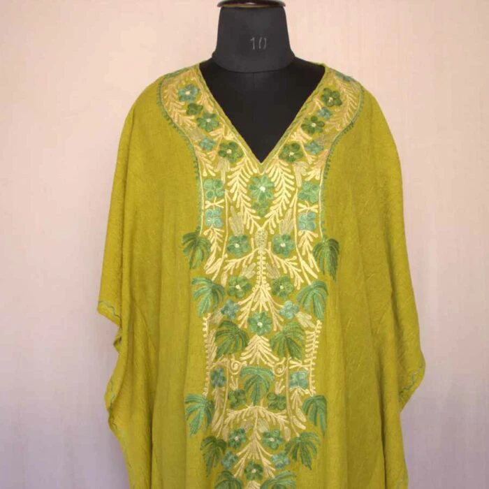 Green Mehndi Chinar Crush Cotton Aari Work Kaftan L54