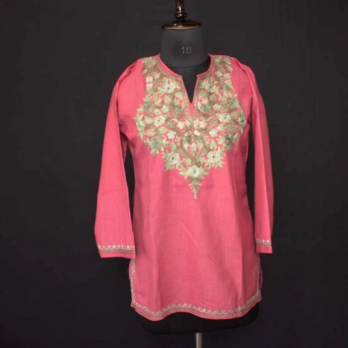 Pink Ruby Cotton Short Kurti with Ari Embroidery