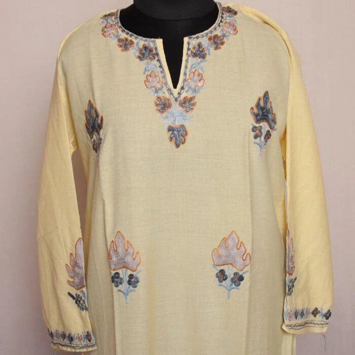 aari work light yellow kurta 1