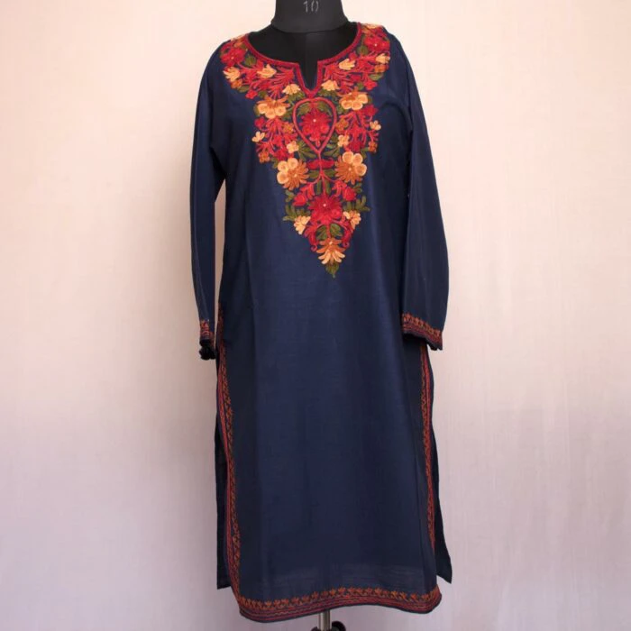 Dark Blue Urzuv Ruby Cotton Aari Kurta - Image 2