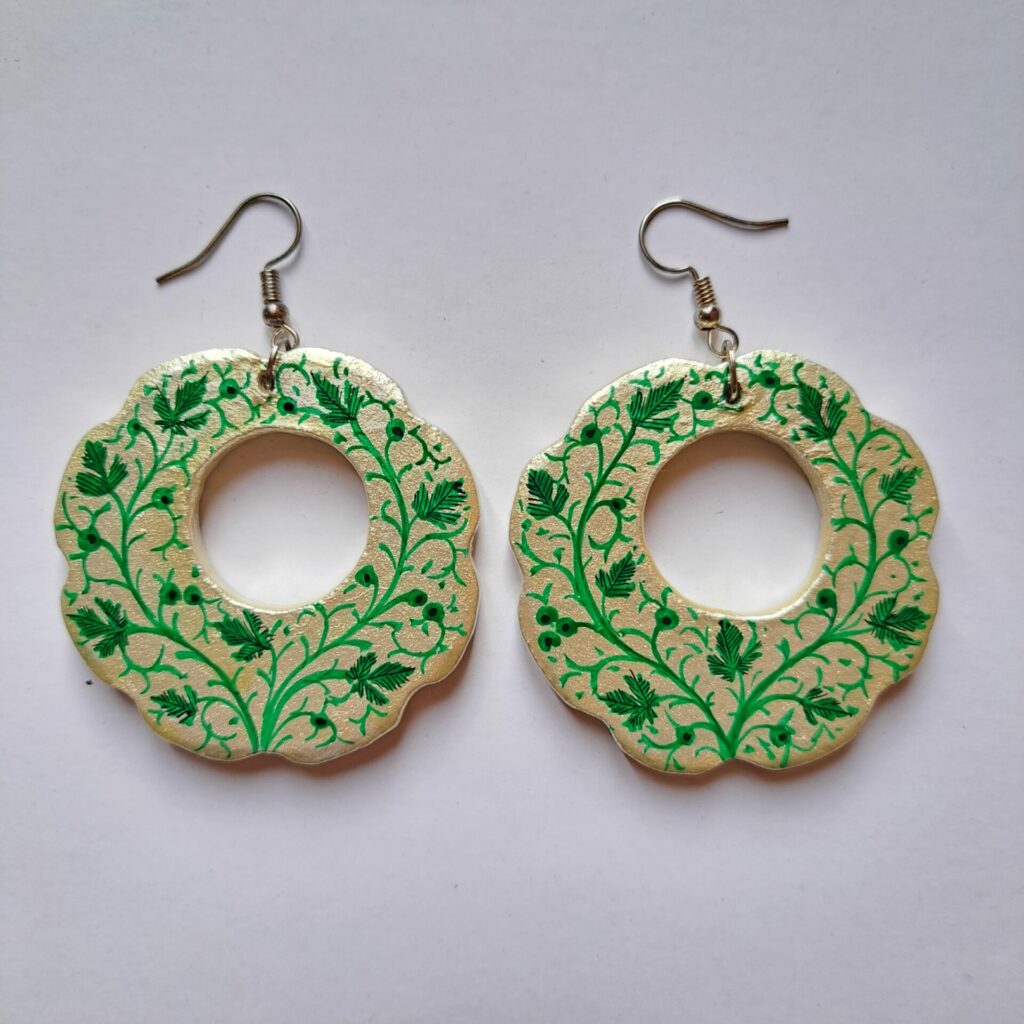 Golden Flower Shape Green Chinar Paper Mache Earrings - Gyawun