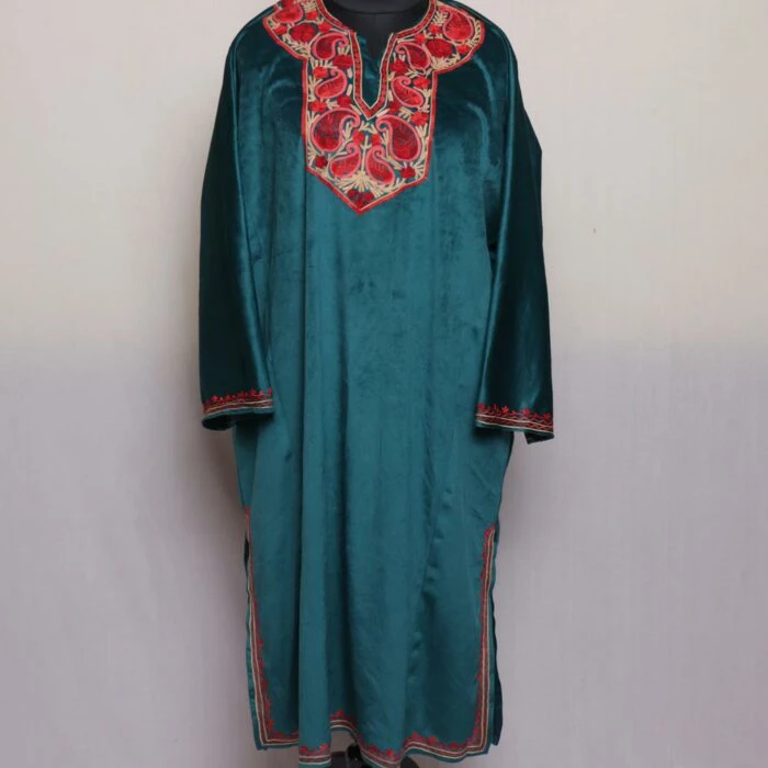 Teal Green Miri Aari Velvet Pheran - Image 2