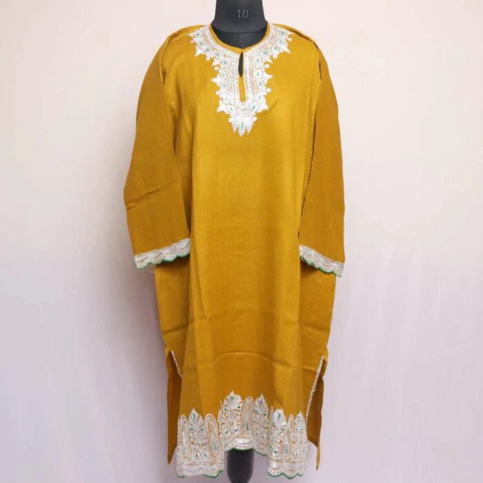 Mustard Yellow Raffal Pheran With Border Tilla