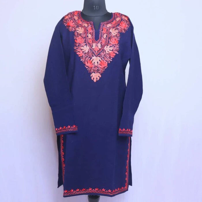 Blue Chaar Chinari Winter Kashmiri Kurta with Ari Embroidery