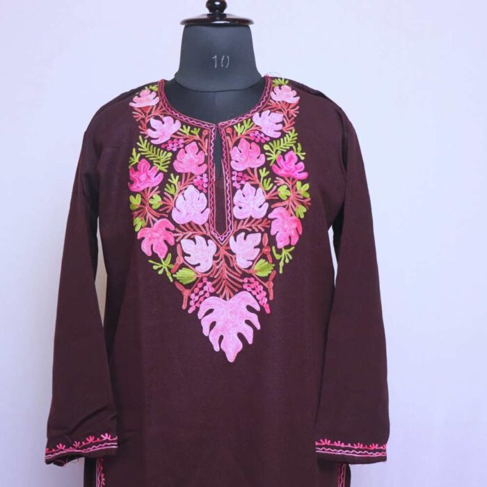 Wine Chinari Winter Kashmiri Kurta with Ari Embroidery - Image 2