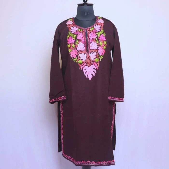 Wine Chinari Winter Kashmiri Kurta with Ari Embroidery