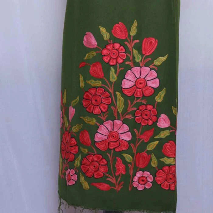 Green Kashmiri Woolen Suit With beautiful Red Aari Work - Image 2