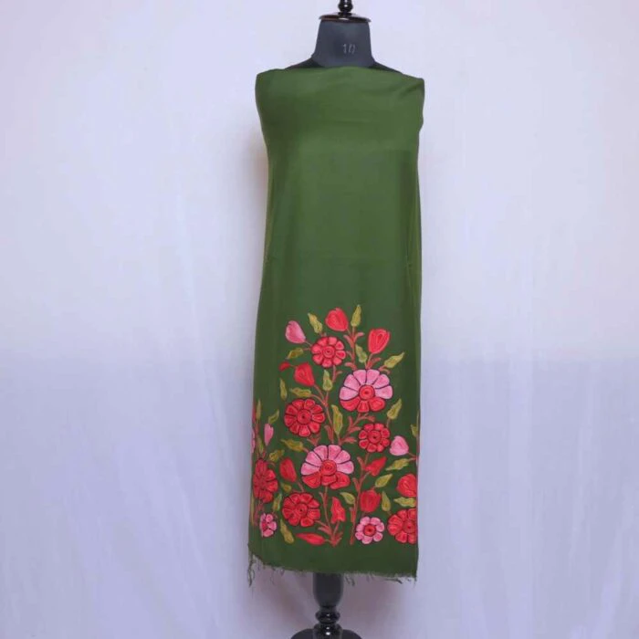 Green Kashmiri Woolen Suit With beautiful Red Aari Work