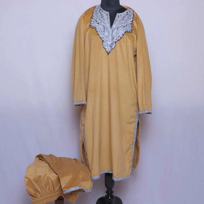 Light Yellow Velvet Kashmiri Phiran Co-ord Set with Tilla