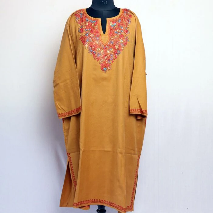 Light Mustard Handwork Sozni Raffal Pheran with Stole