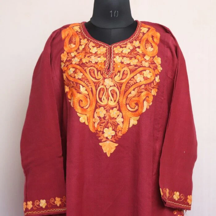 Maroon Aari Raffal Pheran with Stole