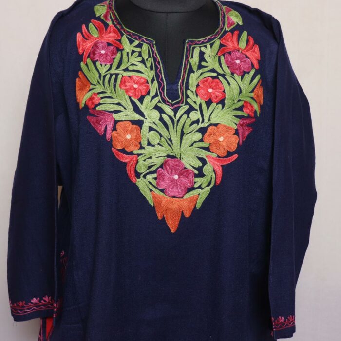 Navy Blue Floral Cashmilon Aari Pheran