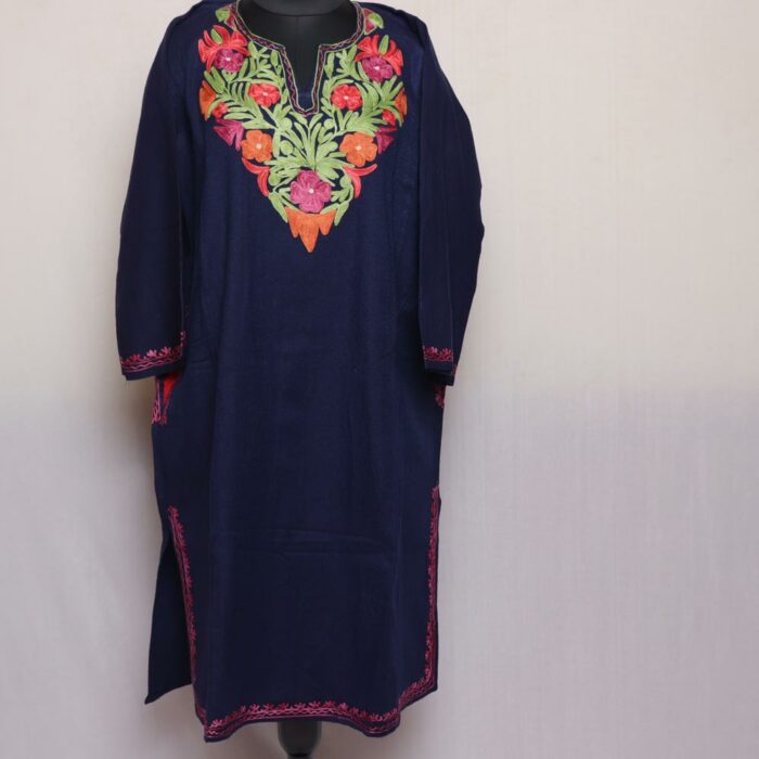 Navy Blue Floral Cashmilon Aari Pheran - Image 2