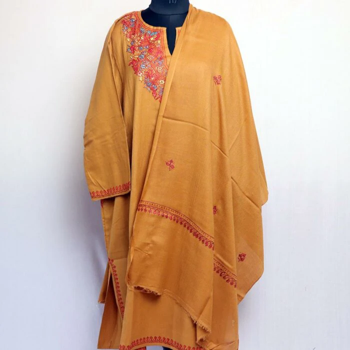 Light Mustard Handwork Sozni Raffal Pheran with Stole - Image 4