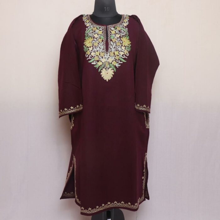 Wine Hashmi Kashmiri Pheran with Aari Embroidery