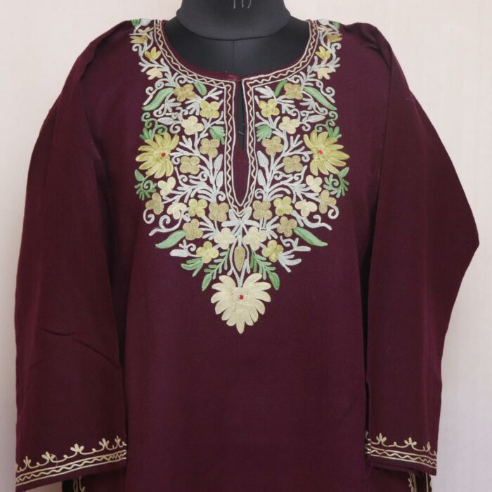 Wine Hashmi Kashmiri Pheran with Aari Embroidery - Image 2