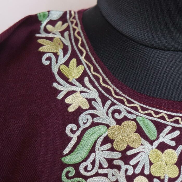 Wine Hashmi Kashmiri Pheran with Aari Embroidery - Image 3