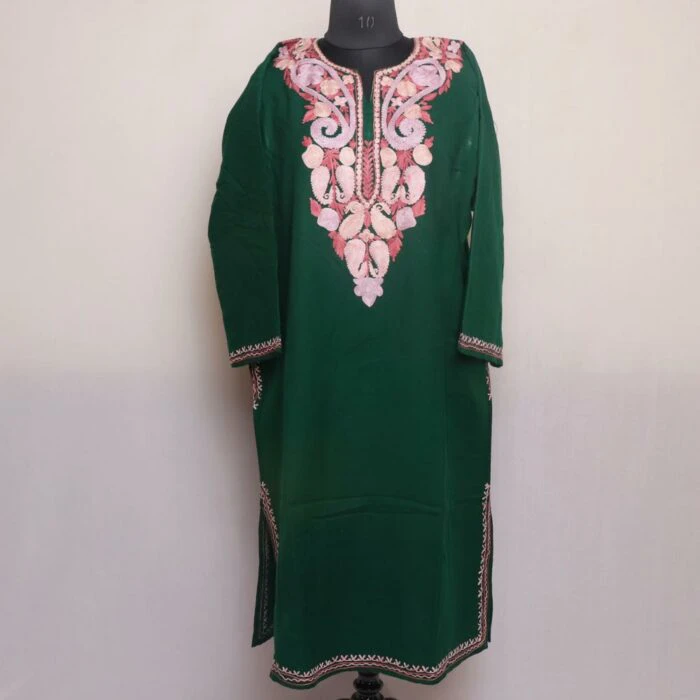 Dark Green Amara Cashmilon Pheran with Aari Embroidery