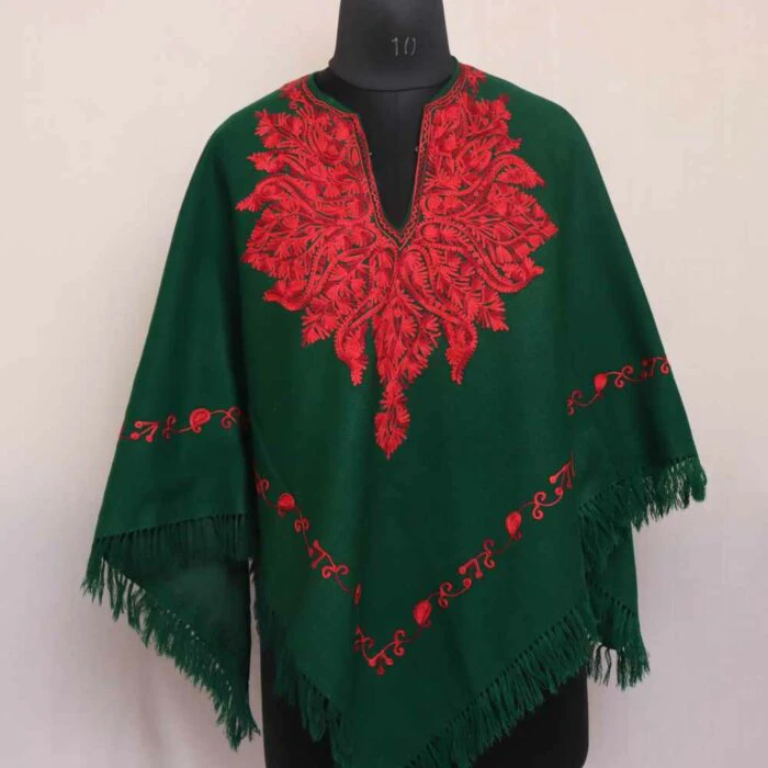 Green Wazul Kashmiri Ponchu Aari Embroidery