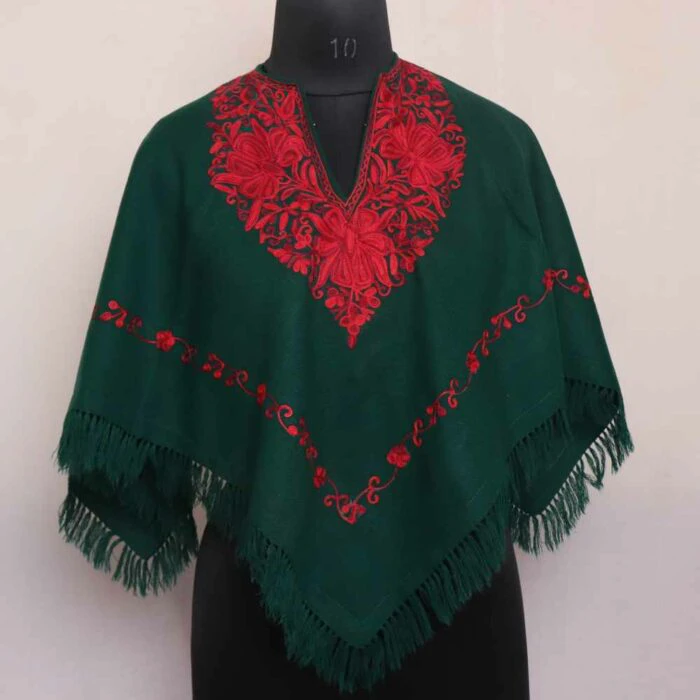 Green Wzzul Aari Embroidery Kashmiri Poncho