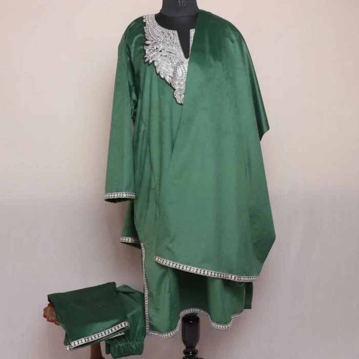 Green Shahi Velvet 3pc Phiran Co-ord Set with Tilla